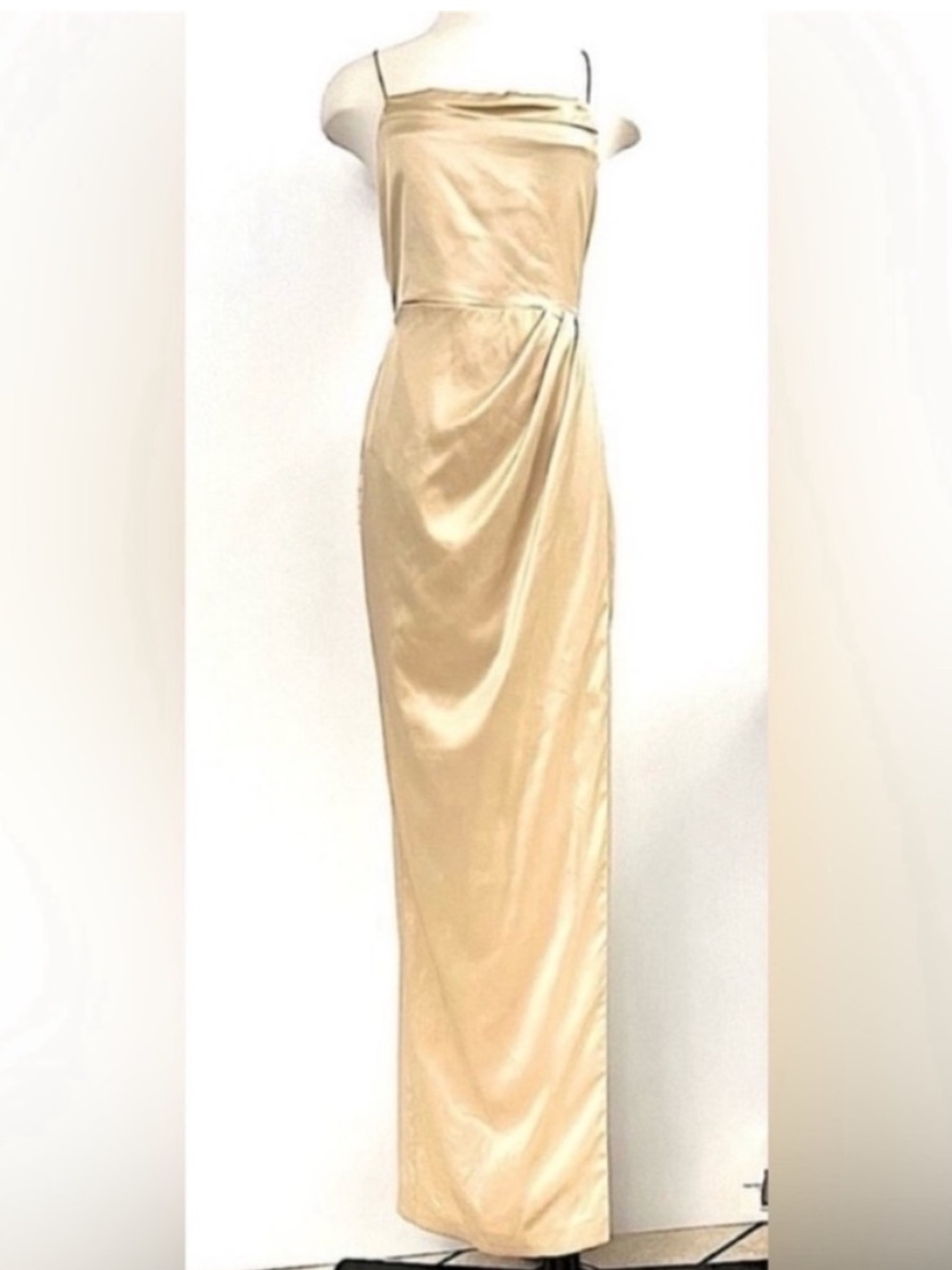 Michael Costello x Revolve Champagne Satin Satin Maxi Dress Draped Detail Size L